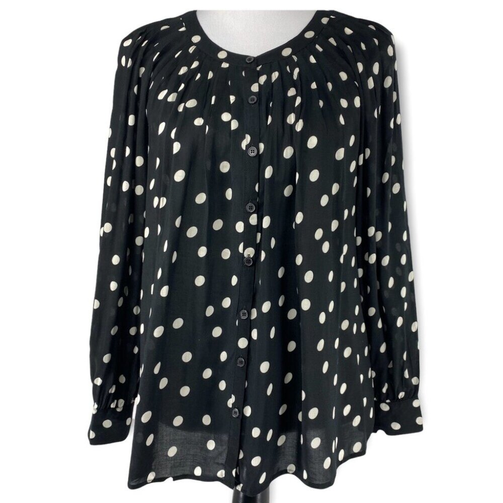 Spense Women's NWT Black White Polka Dot Button Down Scoop Button-Up Top S/C38